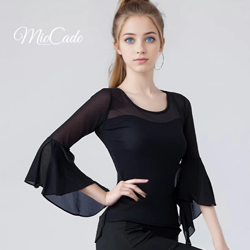 拉丁舞上衣女中袖圆领舞蹈服跳摩登舞时尚镂空新款荷叶网纱练功服