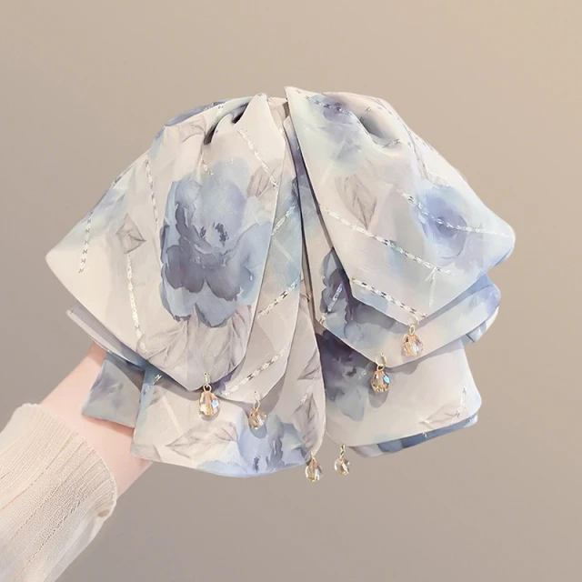 法式玫瑰花印花蝴蝶结飘带发夹女新款气质马尾夹后脑勺时尚鲨鱼夹