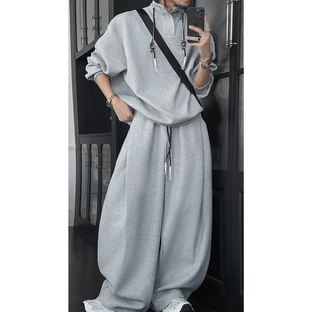 龙叨叨春季新款潮流美式高级感百搭立领卫衣宽松阔腿长裤套装