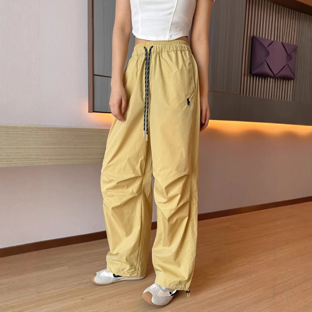 速干休闲工装小马刺绣女夏薄款宽松降落伞甜妹阔腿裤锦纶长裤