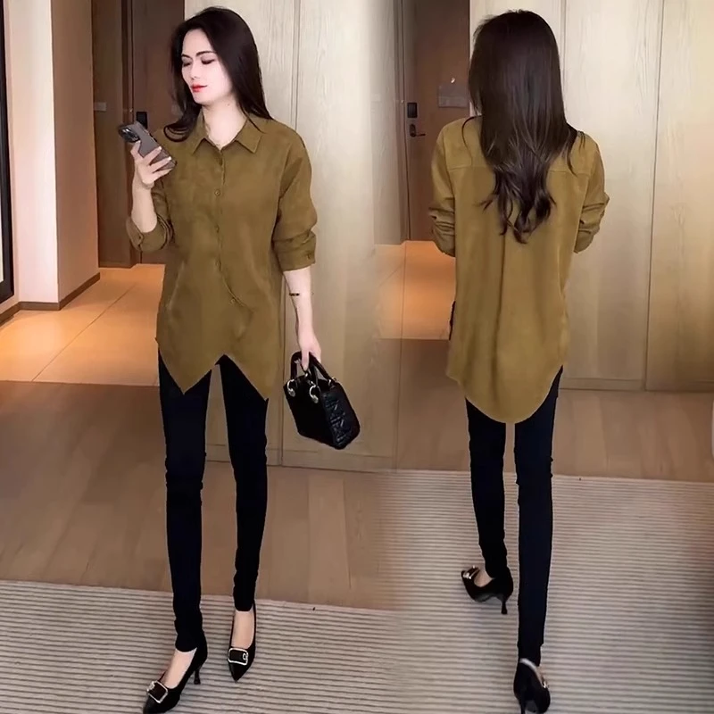 韩系开叉翻领衬衫女宽松慵懒风2025春秋新款洋气中长款长袖衬衣服