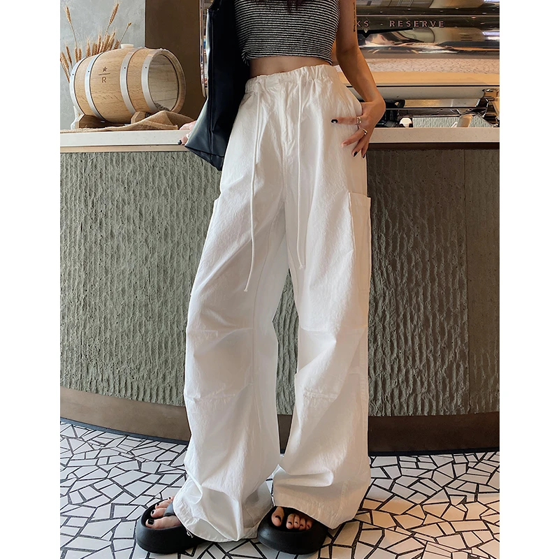 白色美式工装裤女春夏2025新款小个子薄款速干垂感宽松阔腿伞兵裤
