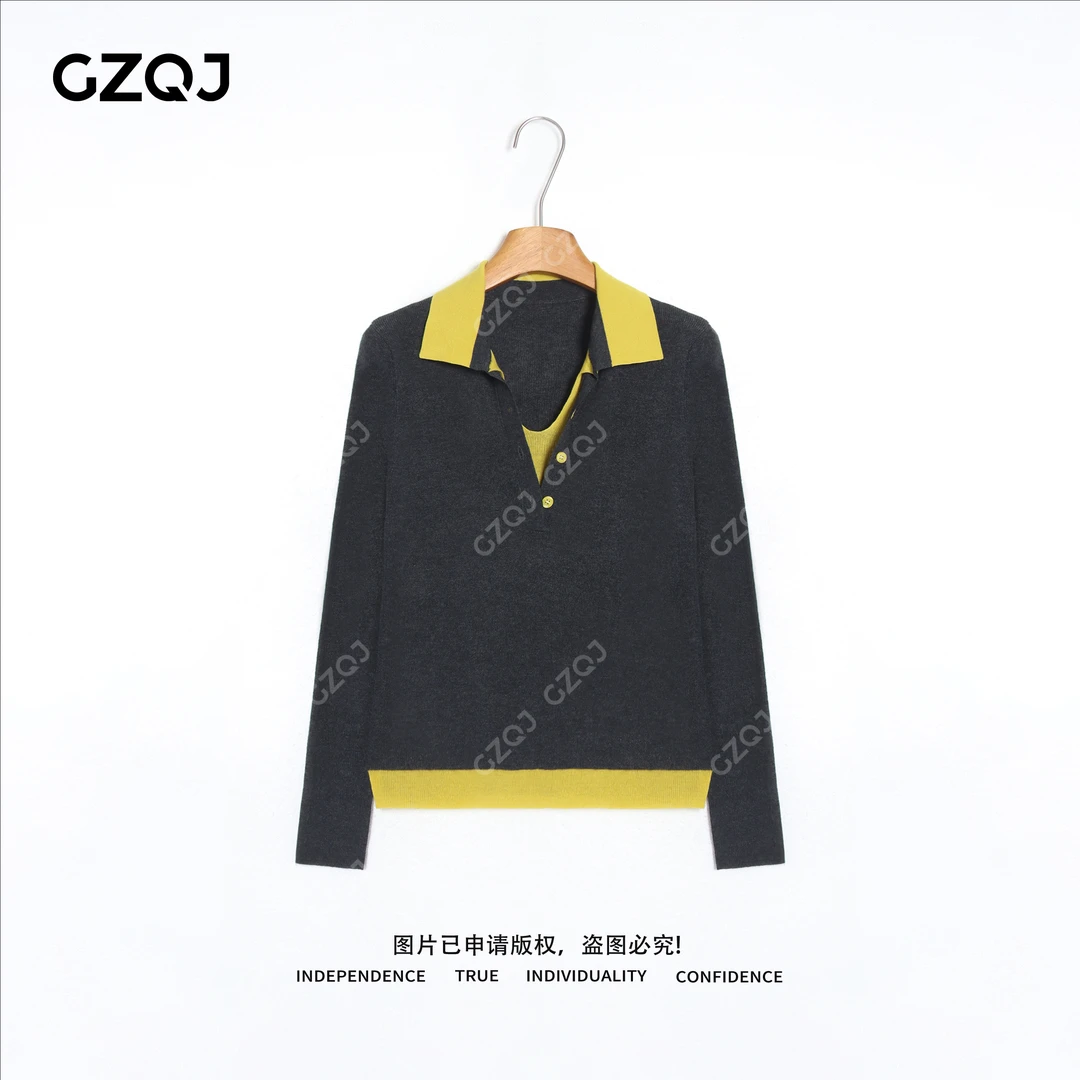 老琴私服【浪漫和弦】 琥珀流光风撞色百搭显瘦翻领针织衫女  7921