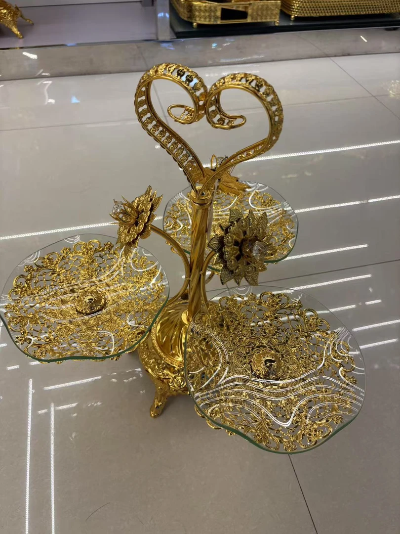 中亚风金色铁艺玻璃水果盘简约创意适合客厅茶几家用