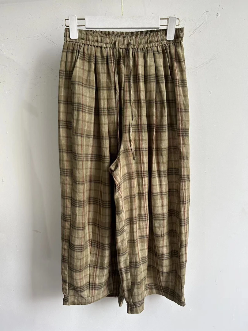 色织亚麻格子裤慵懒风日常格纹裤女高腰休闲九分裤