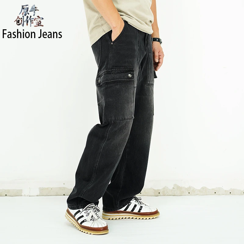 弯刀工装-新款黑色男牛仔裤美式潮牌复古牛仔裤男宽松直筒长裤