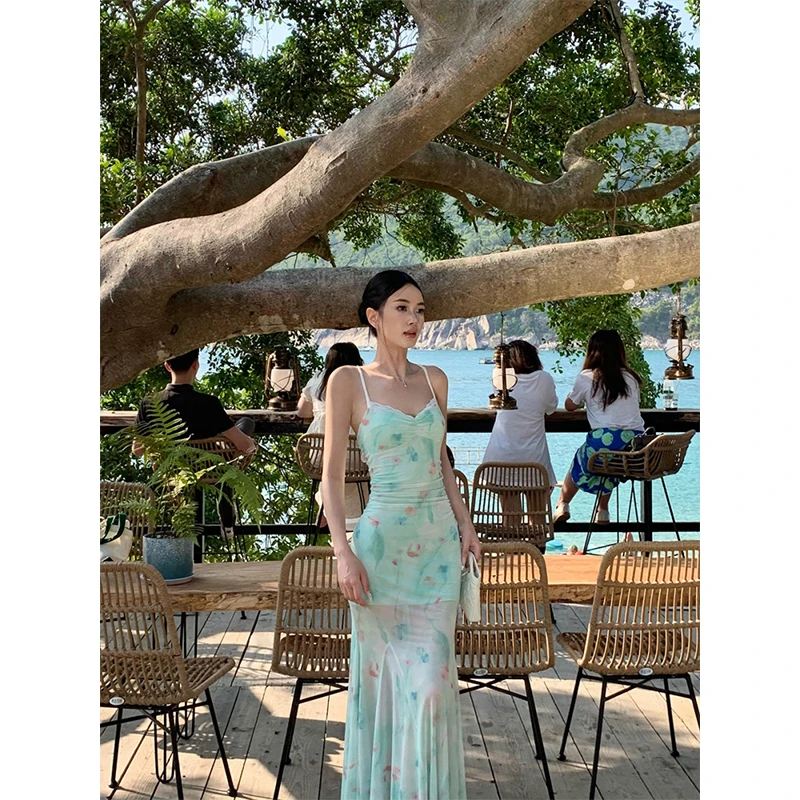 VENUIE【莫吉托】印花网纱拼接性感设计修身显瘦吊带连衣裙21681