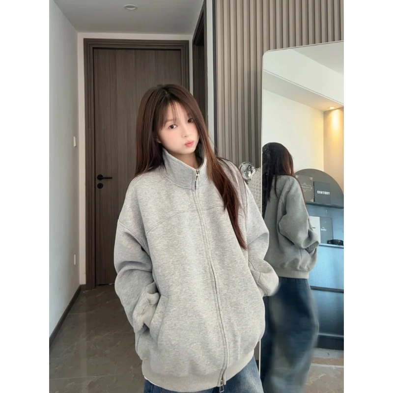 美式cleanfit纯色立领拉链外套男女秋2025新款复古宽松卫衣开衫潮