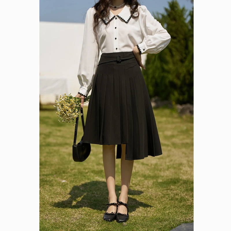 【年中大促】谜秀高腰中长款不规则半身裙设计感百褶裙黑色显瘦气质