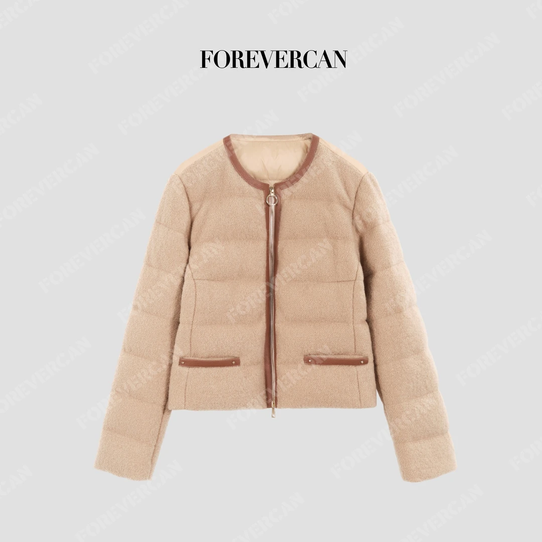 FOREVERCAN“贝里克”鹅绒服100羊毛呢时髦皮边羽绒夹克 WC57487