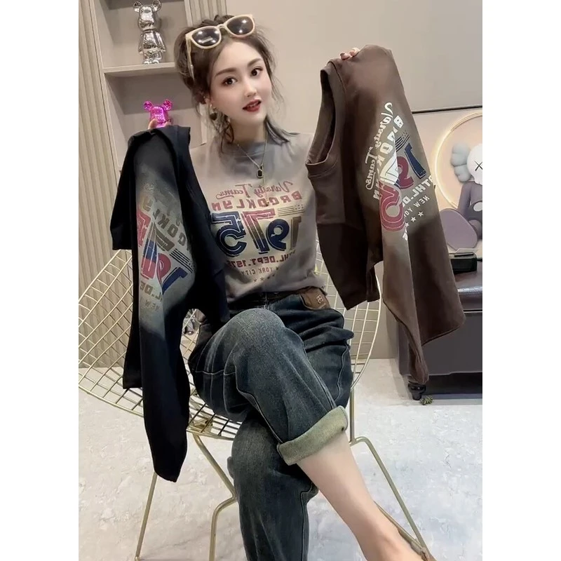 欧货2025早秋新款数字印花字母纯棉短袖T恤女修身打底衫磨毛上衣