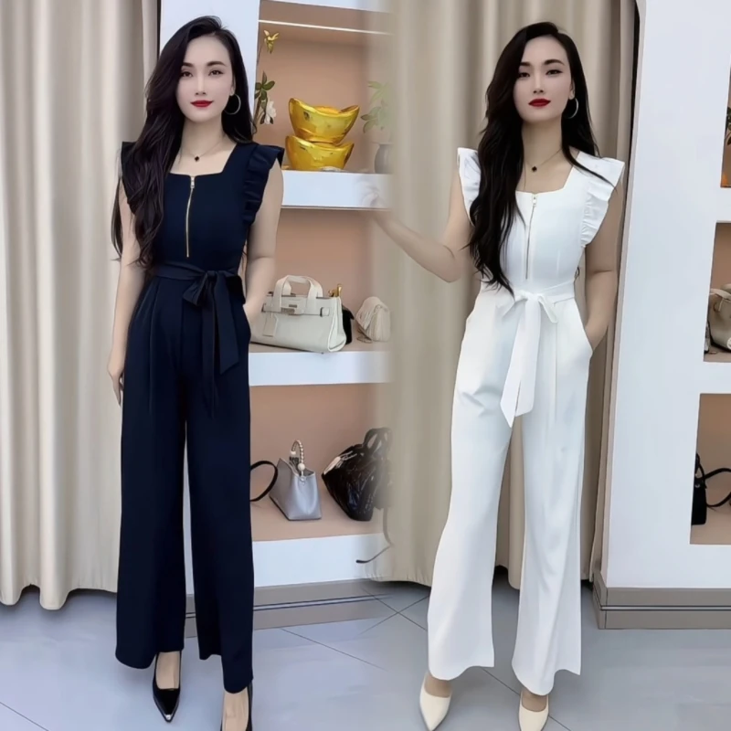 薄款长裤拉链百搭连体裤连体衣洋气女神时尚夏季高腰黑色休闲裤女