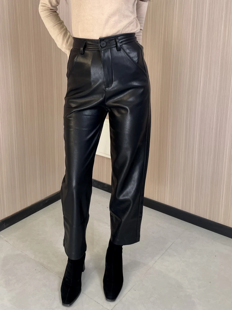 欧美风微弹高腰休闲九分裤潮流网红加绒皮裤