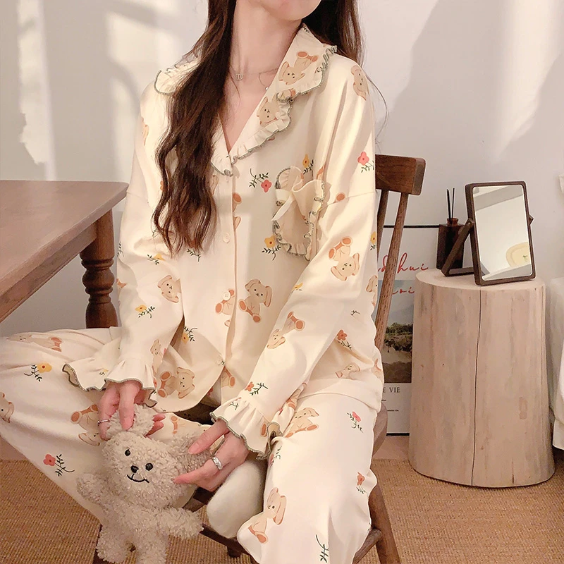 春秋新款开衫长袖长裤睡衣女甜美可爱休闲可外穿家居服套装81324