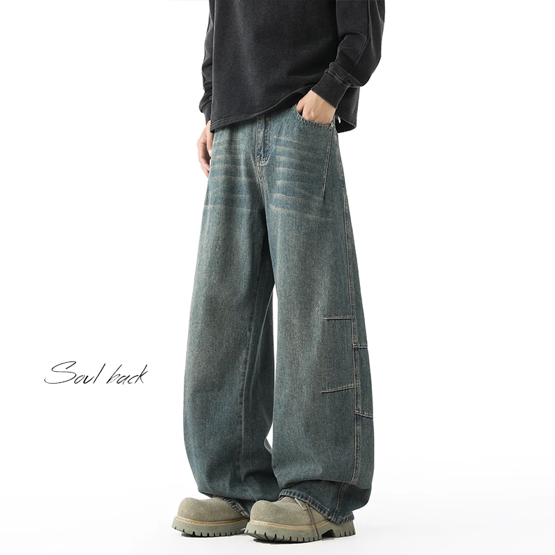 美式街头男士弯刀牛仔裤男女潮牌复古水洗解构阔腿裤痞帅男生裤子