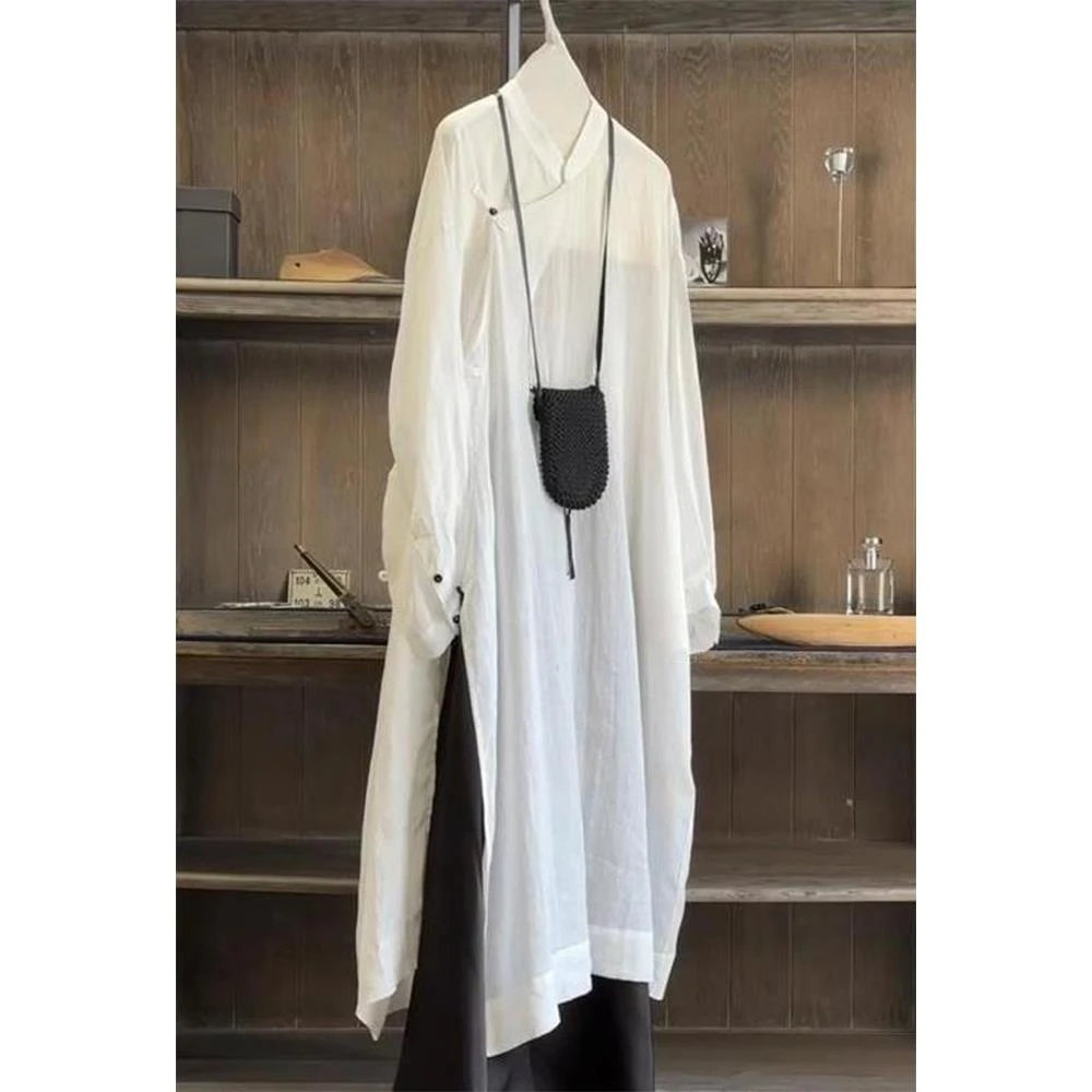 新中式国风复古极简风高级感白色长款衬衫连衣裙子女夏季2025新款