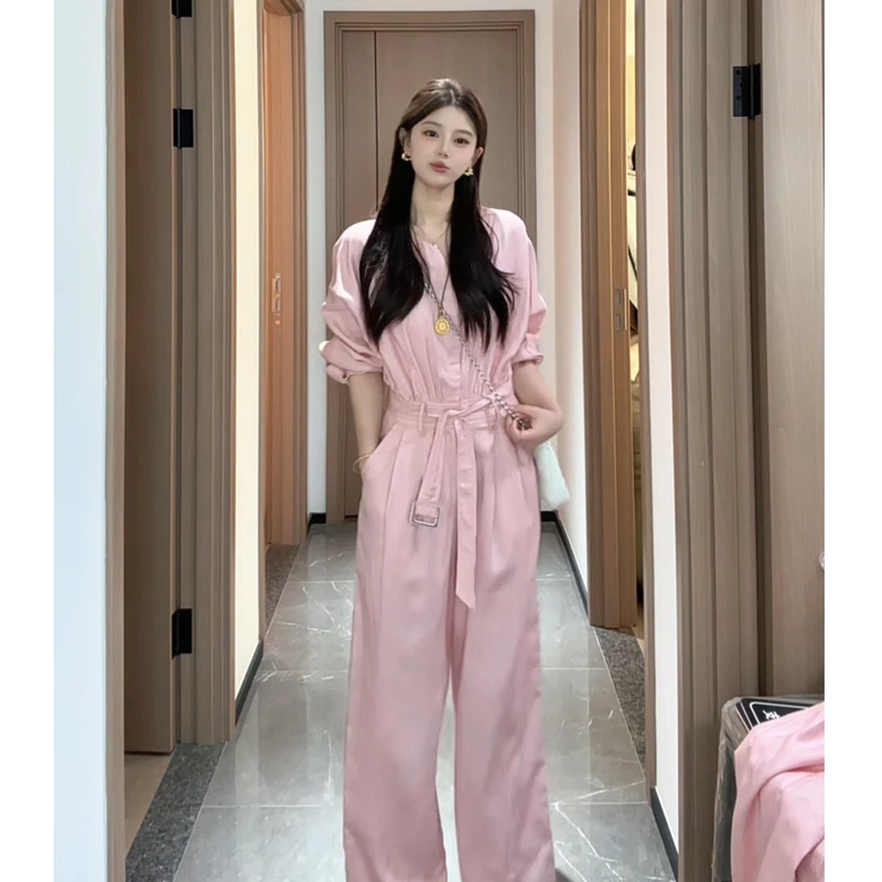 【五五专属】新款时尚亚麻连体衣裤女神范V领收腰显瘦阔腿裤2810