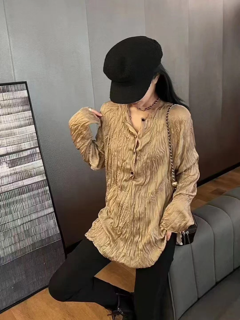 女款春秋褶皱上衣衬衫小立领衬衣休闲气质女百搭
