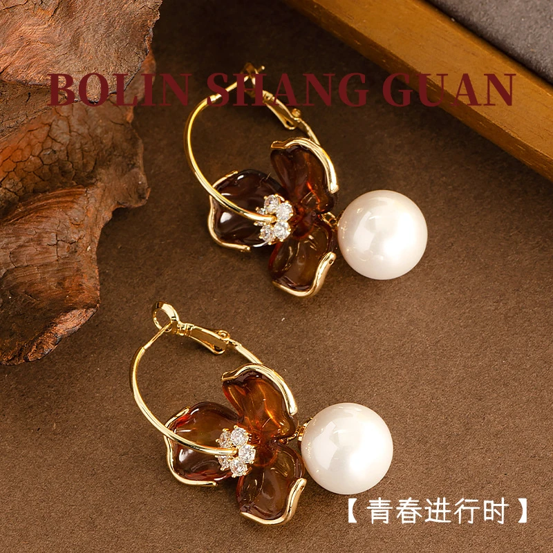 铜合金耳饰 欧美时尚新潮焦糖色花朵耳圈耳环女耳饰zy