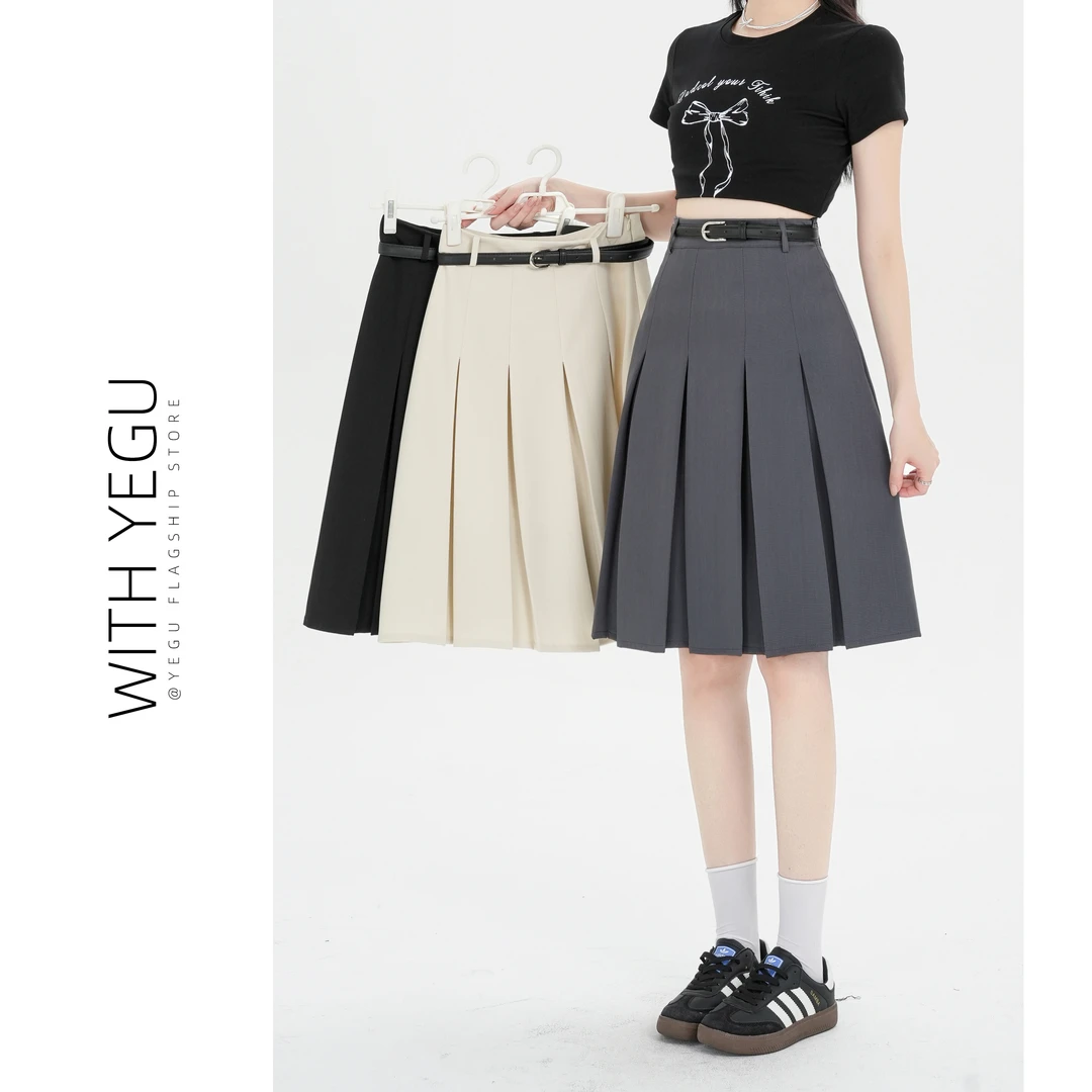 高级感灰色百褶中裙女夏季新款高腰西装半身裙小个子两面穿a字裙