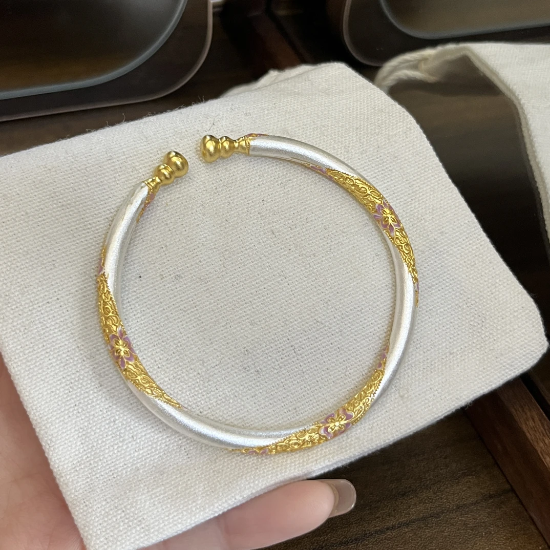 足银手镯 古描金葫芦纯银手镯女足银999.9实心开口银镯子