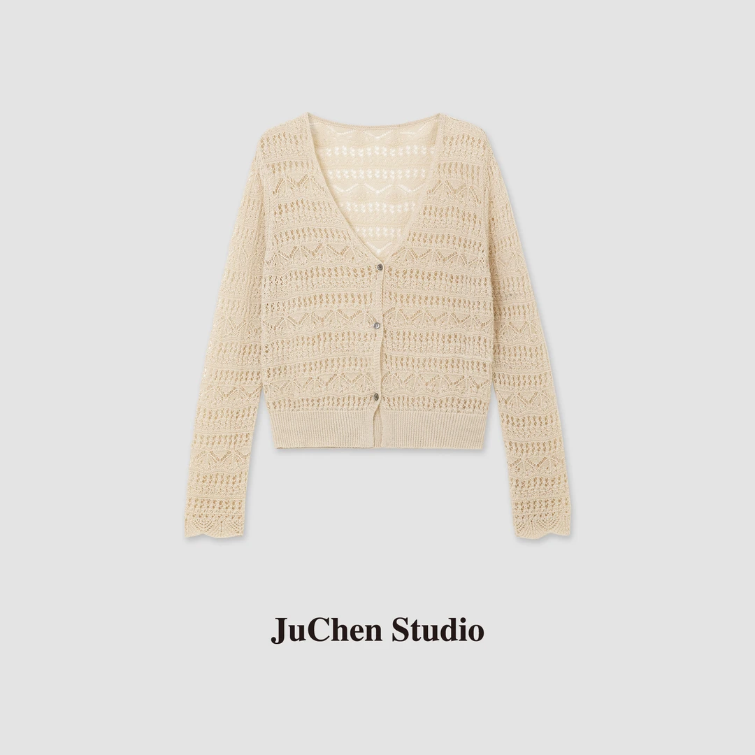 “温柔写意”法式度假风镂空钩花V领春夏针织棉麻小衫 SS108003-24