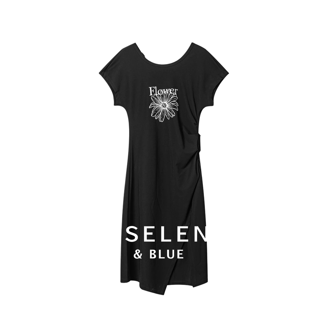 5963贝茜妮新款休闲捏褶花卉印花收腰T恤连衣裙