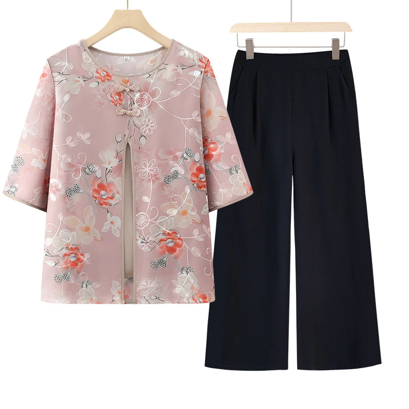 妈妈夏装洋气老太太上衣服中老年人女 复古雪纺衬衫奶奶夏季套装