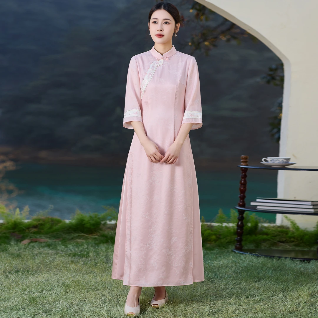 H062新中式长款旗袍禅意茶服提花日常素雅气质夏装改良国风裙子