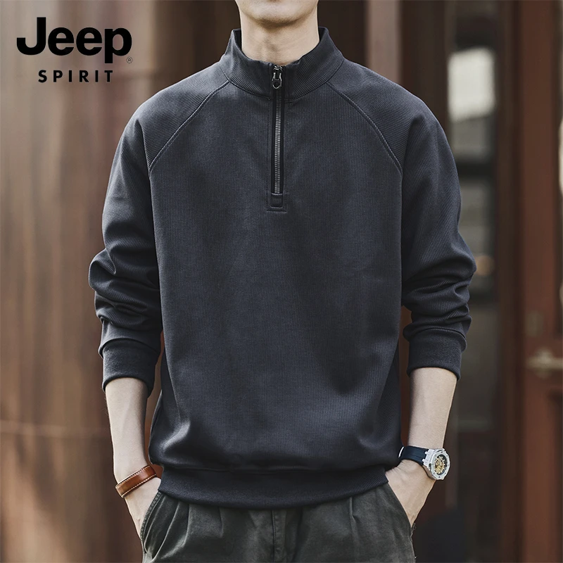 JEEPSPIRIT美式复古半拉链立领卫衣男春秋季宽松运动外套美式圆领