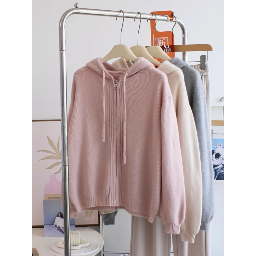 QIMO启茉（A152#x纯色连帽毛衣开衫）粉色
