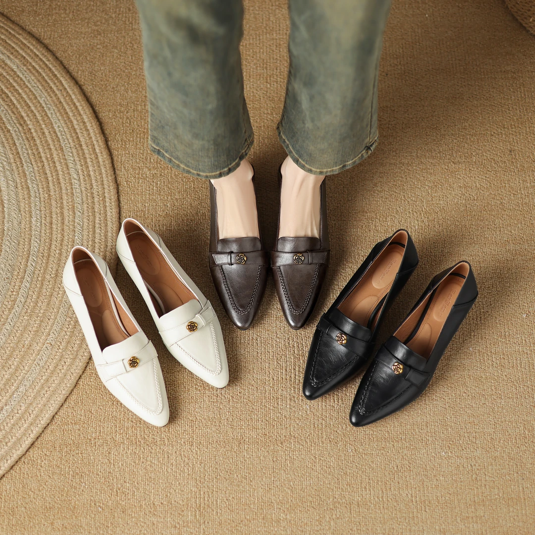 半坊手工女鞋|34-40码|4.5cm|尖头浅口真皮显瘦粗跟软底山茶花单