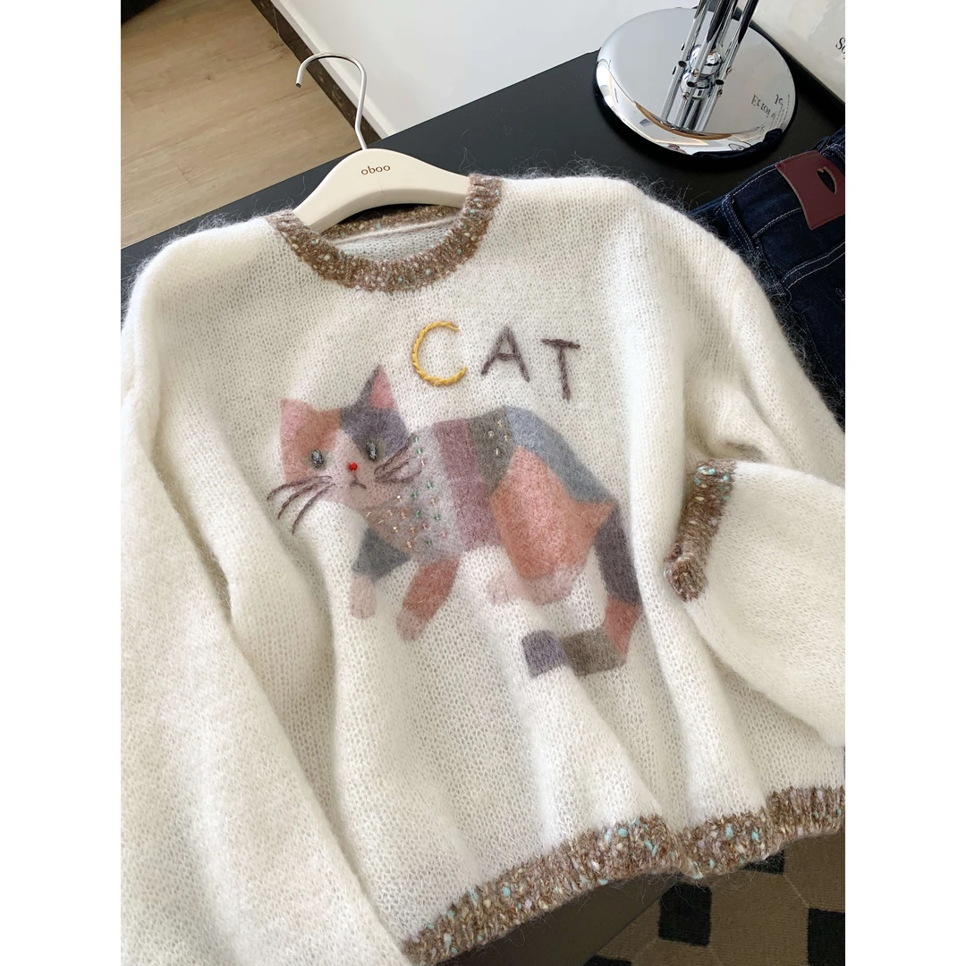 韩系重工可爱卡通猫咪套头毛衣女秋冬2025新款设计感慵懒风针织衫