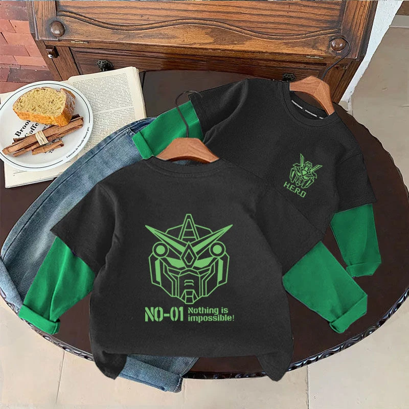 男童长袖圆领假两件T恤春秋新款卡通变形金刚打底衫韩版拼接上衣