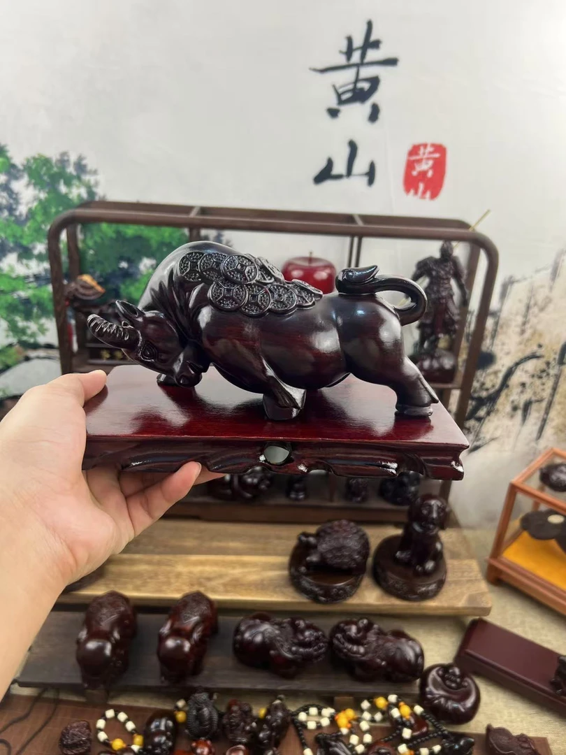 黑檀木【金钱牛+底座】两件套实木雕刻摆件