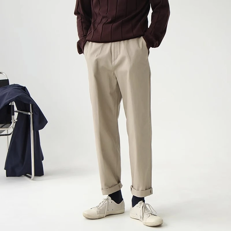 卡其色休闲九分裤男士秋季日系复古高级感小众简约百搭宽松锥型裤