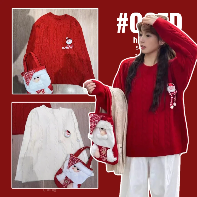 孕妇装冬季新款加厚红色圆领孕妇毛衣高级感慵懒复古针织衫上衣