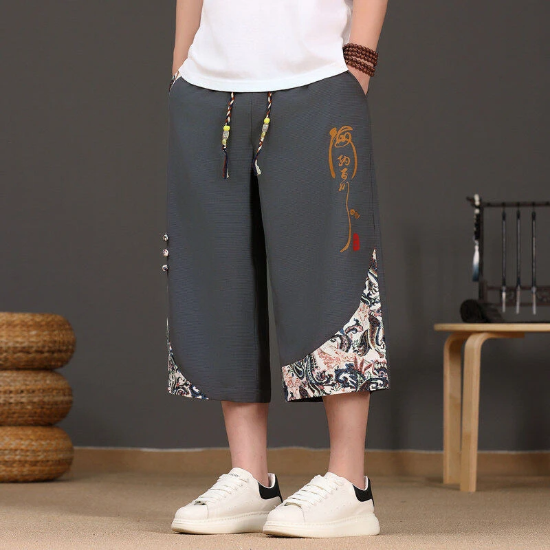 民族风印花拼接休闲七分裤男士直筒运动裤中国风宽松大码冰丝短裤