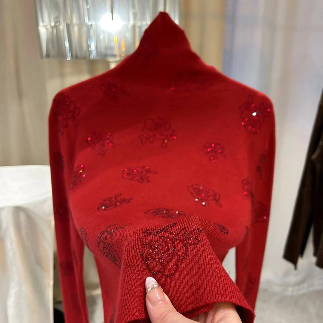 【玫瑰】堆堆领烫钻保暖针织钻钻羊毛衫