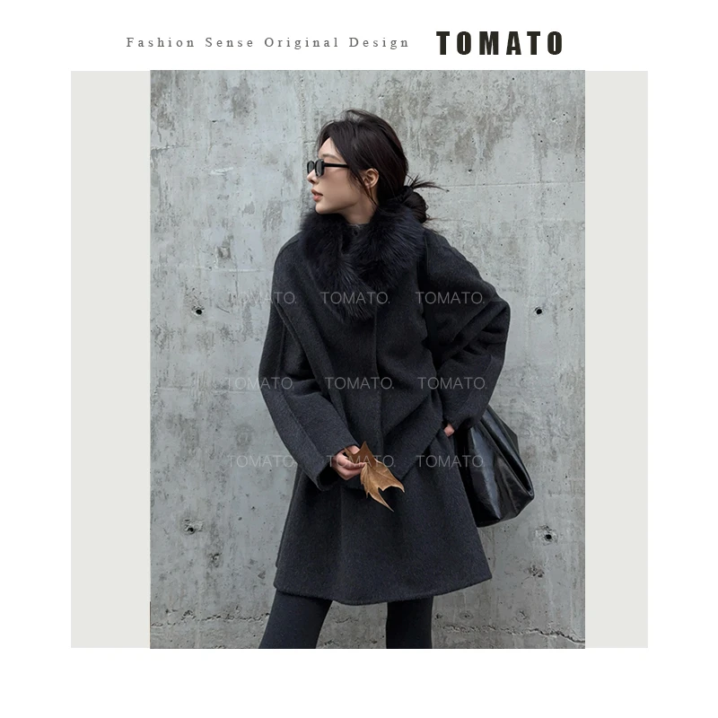 【Amanra】墨许 韩系绵羊毛气质短款外套大衣伞裙套装 D24TZ12251