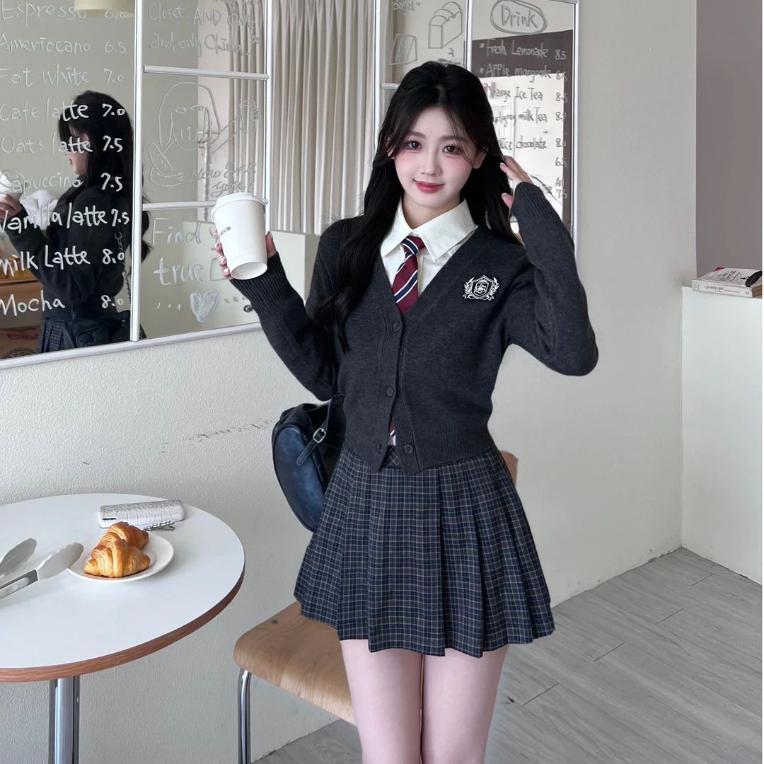 【德里学院】英伦学院风立体徽章长袖针织开衫高腰显瘦格纹短裙套装