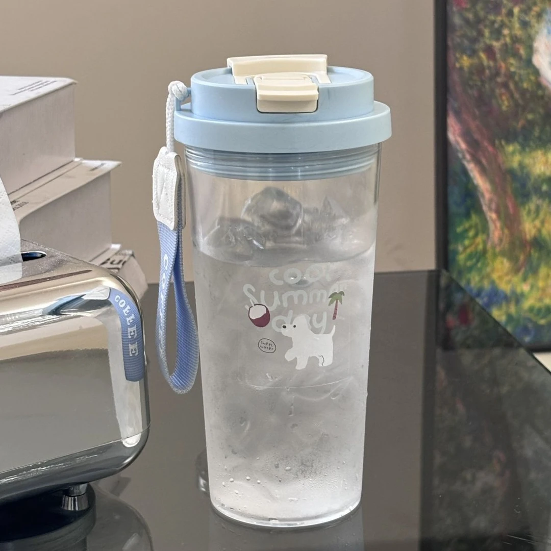 夏日椰树吸管杯大容量双饮口水杯学生便携塑料运动喝水杯果汁杯