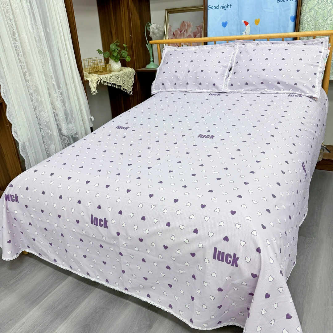 花边床单三件套 加厚粗布 原棉大帆布2.45×2.3米防滑透气【紫爱心】