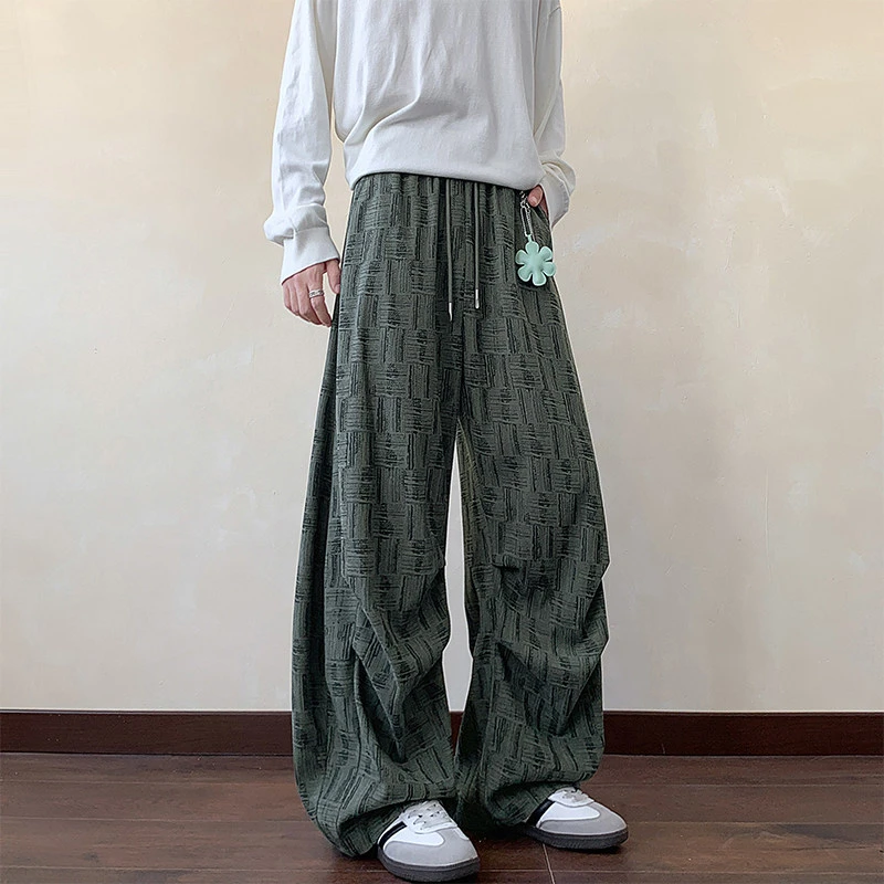 格子松弛感裤子男士秋季编织纹裤子宽松直筒垂感阔腿拖地休闲裤