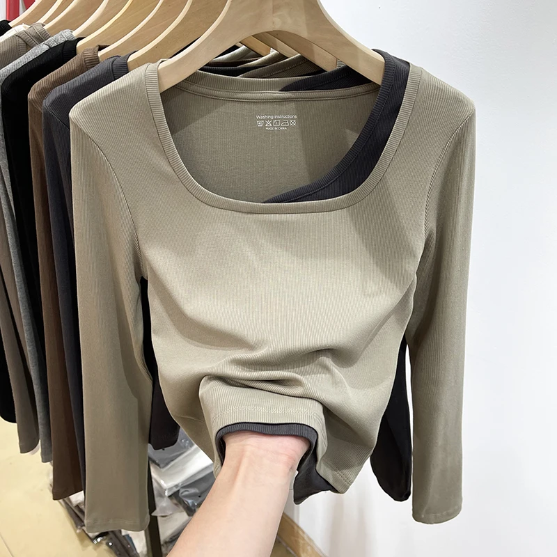 【粉丝专享】港式假两件方领长袖t恤女设计感修身洋气内搭打底上衣