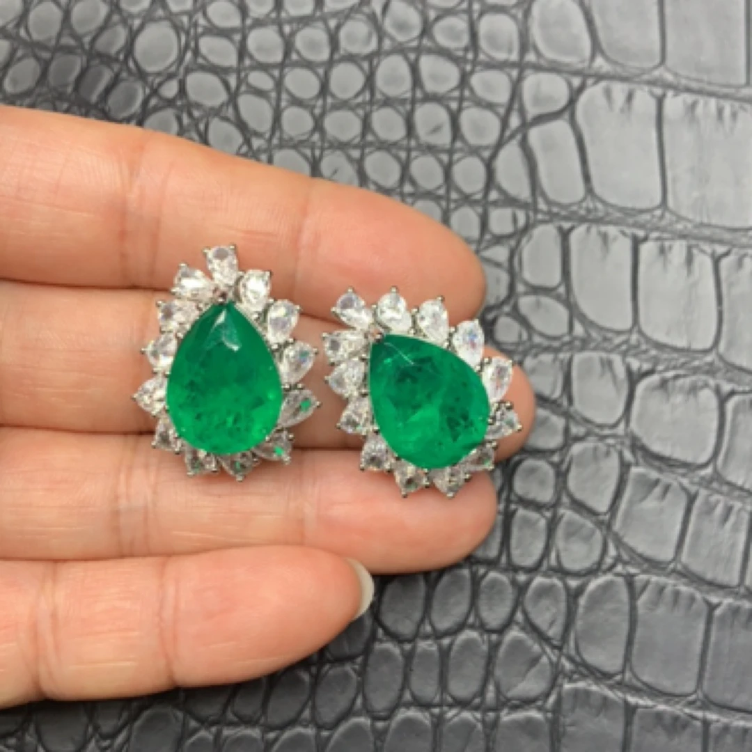 铜合金合成锆石耳饰 祖绿色水滴耳钉百搭气质轻奢12