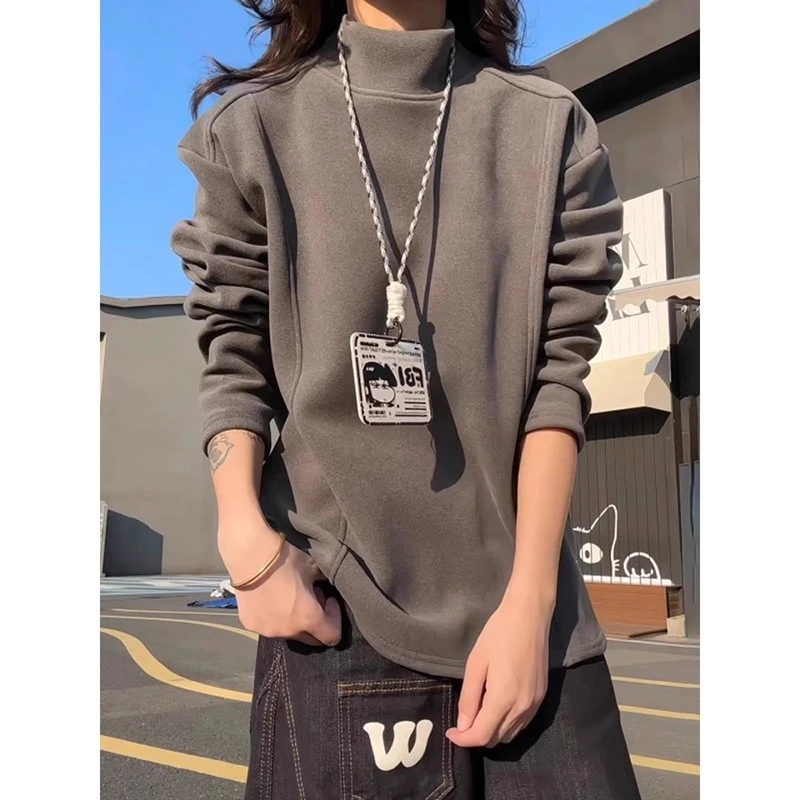 深灰色半高领德绒打底衫男款秋冬季加绒正肩长袖t恤美式保暖卫衣