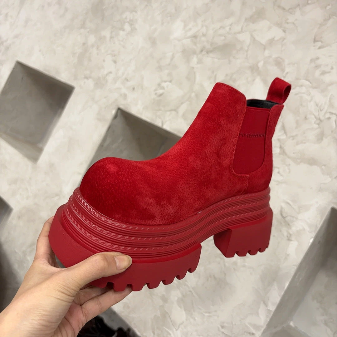 沐九家~2025春秋真皮增高松糕厚底新年红短靴糖果色短靴1112-61