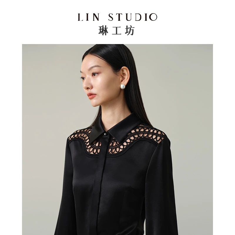 【意大利走秀款】琳工坊“燕落”黑色衬衫蕾丝镂空气质唐琳设计师
