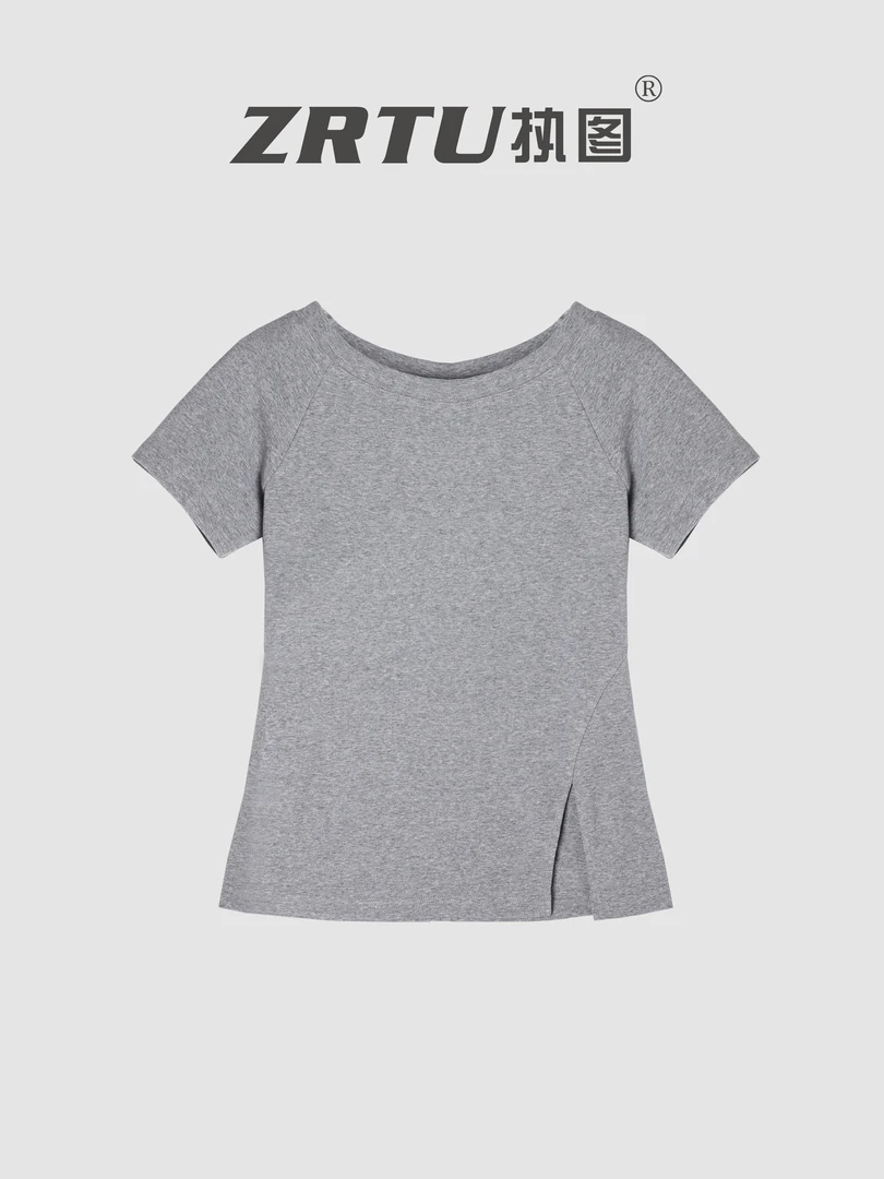 ZRTU/执图2025新款短袖T恤圆领打底开叉纯色半袖